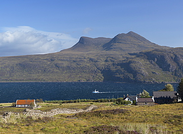 A view across Little Loch Broom towards Benn Gobhlach from near Badcaul, Highlands, Scotland, United Kingdom, Europe