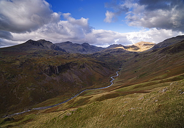 Dramatic light in this view from Yew Crags into Eskdale, Lake District National Park, Cumbria, England, United Kingdom, Europe