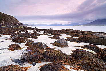 A beautiful morning looking across the Sound of Taransay from Horgabost, Isle of Harris, Outer Hebrides, Scotland, United Kingdom, Europe