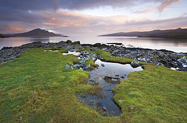 View from Balmeanach in the Braes on the Isle of Skye looking across the Sound of Raasay to the distinctive mountain Ben Tianavaig with the island of Raasay on the right of the image, Isle of Skye, Scotland, United Kingdom, Europe