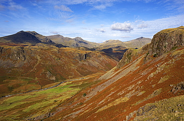 The view from Yew Crags near Hardknott Roman Fort in the west of the Lake District National Park, Cumbria, England, United Kingdom, Europe