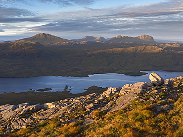 A view across to the mountains of Assynt from the slopes of Quinag, Sutherland, Highlands, Scotland, United Kingdom, Europe