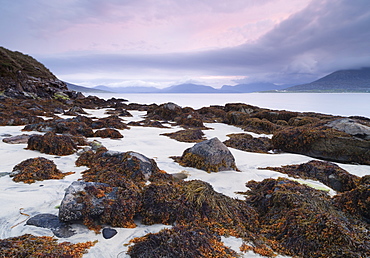 A beautiful dawn sky over the beach at Horgabost, Isle of Harris, Outer Hebrides, Scotland, United Kingdom, Europe