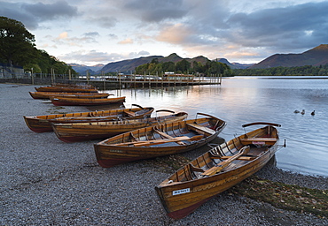 Pleasure boats on the shore at Derwentwater, Lake District National Park, Cumbria, England, United Kingdom, Europe