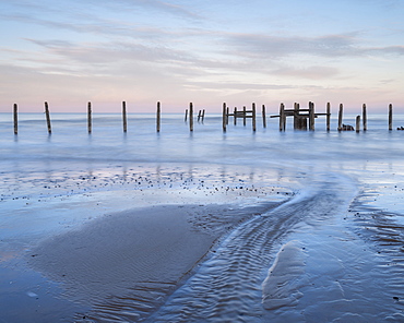 A view of the sea defences on the shoreline at Happisburgh, Norfolk, England, United Kingdom, Europe