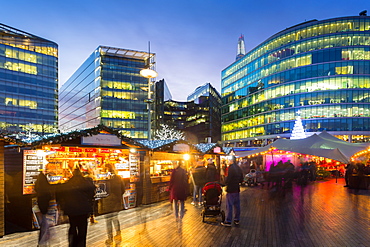 Christmas Market, The Scoop and the top of The Shard, South Bank, London, England, United Kingdom, Europe