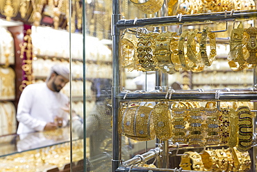 Gold jewellery on sale in shop window, Gold Souk, Dubai, United Arab Emirates, Middle East