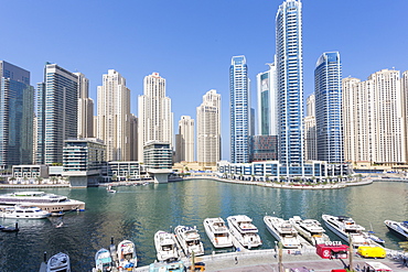 View of boats moored up in Dubai Marina, Dubai, United Arab Emirates, Middle East