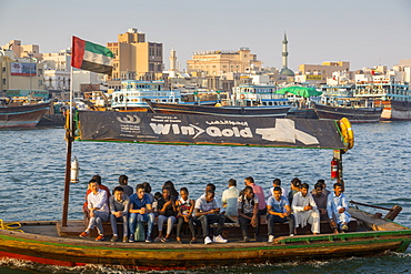 View of Deira District and boats on Dubai Creek, Bur Dubai, Dubai, United Arab Emirates, Middle East