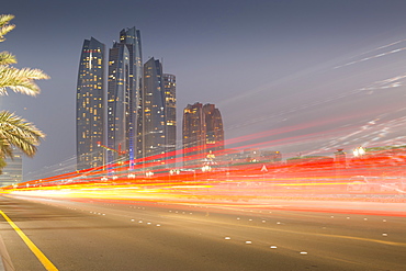 View of Ethiad Towers and Corniche at dusk, Abu Dhabi, United Arab Emirates, Middle East