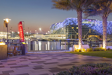 The Yas Viceroy Hotel and Yas Marina at dusk, Yas Island, Abu Dhabi, United Arab Emirates, Middle East