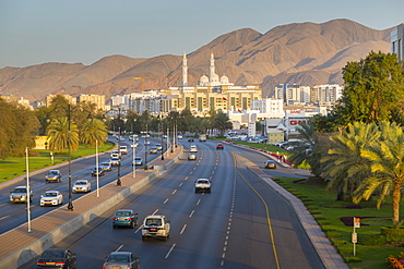 Mohammed Al Ameen Mosque and traffic on Sultan Qaboos Street, Muscat, Oman, Middle East