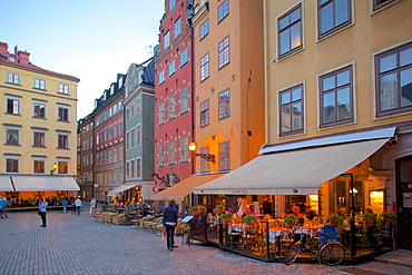 Stortorget Square cafes at dusk, Gamla Stan, Stockholm, Sweden, Scandinavia, Europe