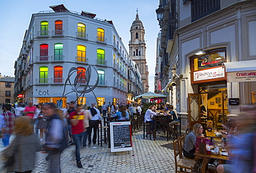 View of Cathedral from Plaza del Siglo at dusk, Malaga, Costa del Sol, Andalusia, Spain, Europe