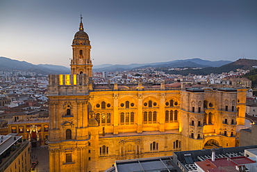 Elevated view of Malaga Cathedral at dusk, Malaga, Costa del Sol, Andalusia, Spain, Europe