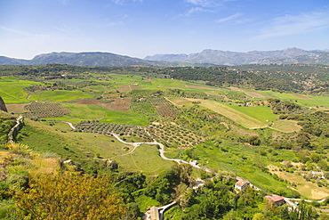 View of Andalusian countryside from Alameda Del Tajo, Ronda, Andalusia, Spain, Europe