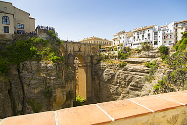 View of Ronda and Puente Nuevo from Jardines De Cuenca, Ronda, Andalusia, Spain, Europe