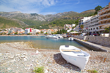 View of harbour and boats, Becici, Budva Bay, Montenegro, Europe