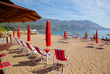 View of beach, Becici, Budva Bay, Montenegro, Europe