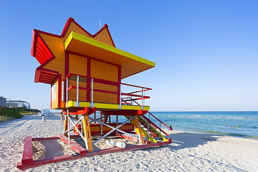 Colourful Lifeguard station on South Beach and the Atlantic Ocean, Miami Beach, Miami, Florida, United States of America, North America