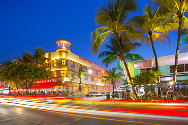 Ocean Drive restaurants and Art Deco architecture at dusk, South Beach, Miami Beach, Miami, Florida, United States of America, North America