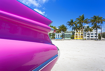 Classic car on Ocean Drive and Art Deco architecture, Miami Beach, Miami, Florida, United States of America, North America