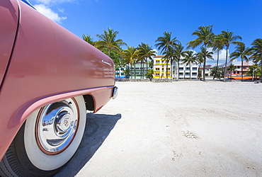 Classic car on Ocean Drive and Art Deco architecture, Miami Beach, Miami, Florida, United States of America, North America