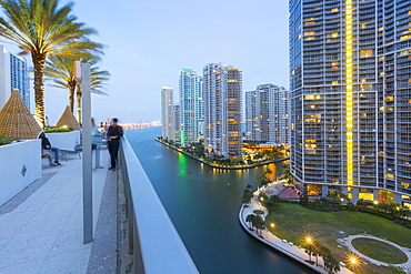 Rooftop bar overlooking Miami River at dusk, Miami, Florida, United States of America, North America