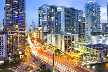 View from Rooftop bar overlooking traffic on Birckell Avenue at dusk, Miami, Florida, United States of America, North America