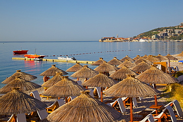 View of Budva Old Town and Beach, Budva Bay, Montenegro, Europe