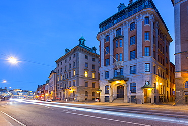 Architecture on Skeppsbron at dusk, Gamla Stan, Stockholm, Sweden, Scandinavia, Europe