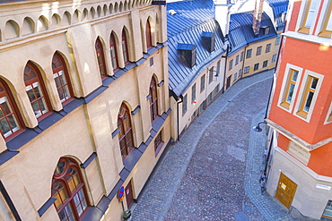 Cobbled street in Sodermalm and colourful architecture, Stockholm, Sweden, Scandinavia, Europe