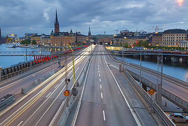 Riddarholmen Church and city skyline, Centralbron from Sodermalm, Stockholm, Sweden, Scandinavia, Europe