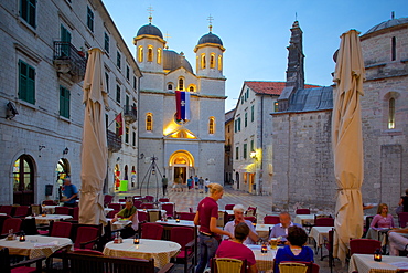 St. Nicholas Serbian Orthodox Church at dusk, Old Town, UNESCO World Heritage Site, Kotor, Montenegro, Europe