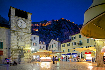 Old Town Clock Tower and Fort at dusk, Old Town, UNESCO World Heritage Site, Kotor, Montenegro, Europe