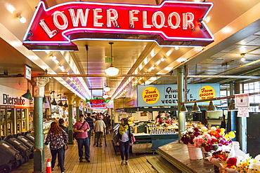 Neon lights and stalls in Farmers Market, Pike Place Market, Belltown District, Seattle, Washington State, United States of America, North America