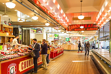 Neon lights and stalls in Farmers Market, Pike Place Market, Belltown District, Seattle, Washington State, United States of America, North America