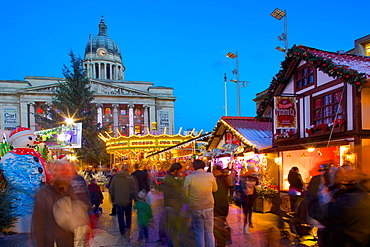 Council House, Christmas Market and carousel, Market Square, Nottingham, Nottinghamshire, England, United Kingdom, Europe