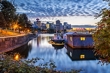 View of Canada Place and Vancouver Lookout Tower at sunset from CRAB Park, Vancouver, British Columbia, Canada, North America