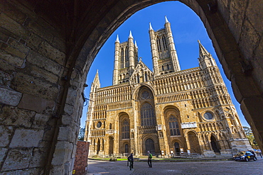 Lincoln Cathedral viewed through archway of Exchequer Gate, Lincoln, Lincolnshire, England, United Kingdom, Europe