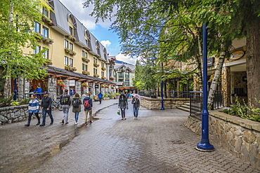 Shops and visitors on Village Stroll, Whistler Village, British Columbia, Canada, North America