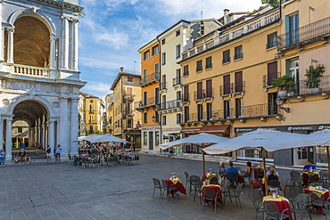 View of cafes and architecture in Piazza Signori, Vicenza, Veneto, Italy, Europe