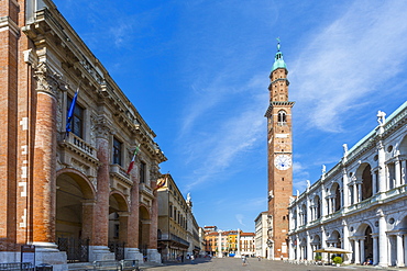 View of Clock tower of Palladian Basilica in Piazza Signori, Vicenza, Veneto, Italy, Europe