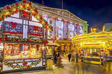 Christmas Market, Carousel and City Council Building on Old Market Square at dusk, Nottingham, Nottinghamshire, England, United Kingdom, Europe