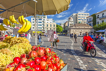 View of fruit stall and Greek Orthodox Church in Monastiraki Square, Monastiraki District, Athens, Greece, Europe