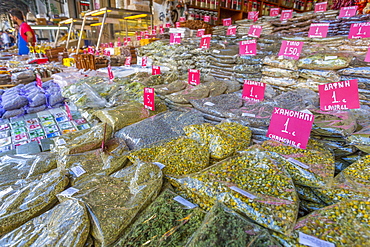 Herbs and spices on produce stall in Central Market, Monastiraki District, Athens, Greece, Europe