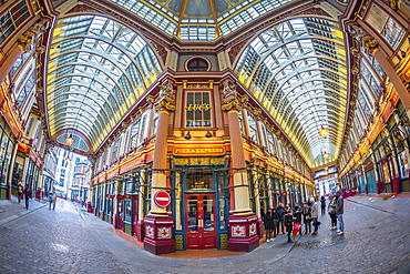 Fisheye view of interior of Leadenhall Market, The City, London, England, United Kingdom, Europe