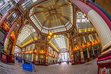 Fisheye view of interior of Leadenhall Market, The City, London, England, United Kingdom, Europe