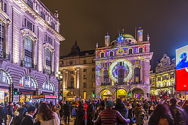 Illuminated building on Piccadilly Circus during London Lumiere, London, England, United Kingdom, Europe