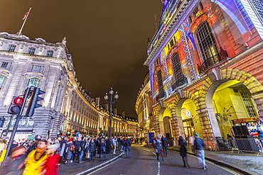 Illuminated building on Piccadilly Circus and Regent Street during London Lumiere, London, England, United Kingdom, Europe